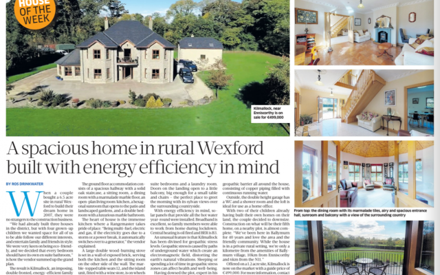 ‘Home of the Week: Spacious rural Wexford home has energy efficiency in mind’. Sunday Business Post: Property Plus. 18/10/20.